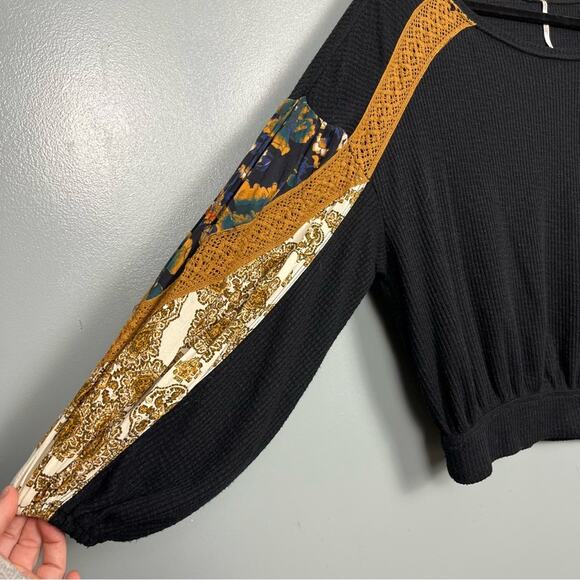 Free People Causal Clash Waffle Knit Black Combo Blouse - Picture 4 of 8